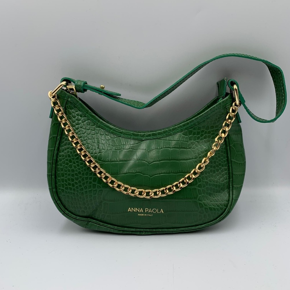 Anna Paola Shoulder Bag Green Croc Embossed Leather Gold Chain Italian Handbag